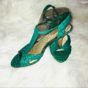 Strappy teal aqua low heel sandal